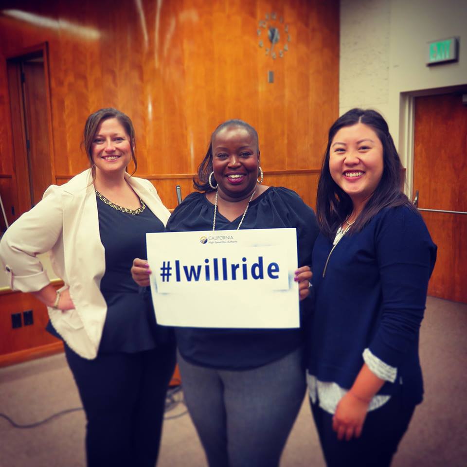 Members of the Fresno County Economic Development Corporation staff at a "Careers in Construction" workshop showing their support for the California High Speed Rail by participating in the #Iwillride campaign. (Credit: California High Speed Rail Facebook page)